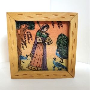 Wooden Gemstone Art Trinket box with woman and peacocks